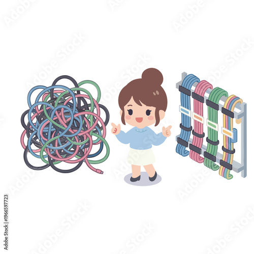 Girl organizes colorful rubber bands in order on a rack beside a tangled pile.