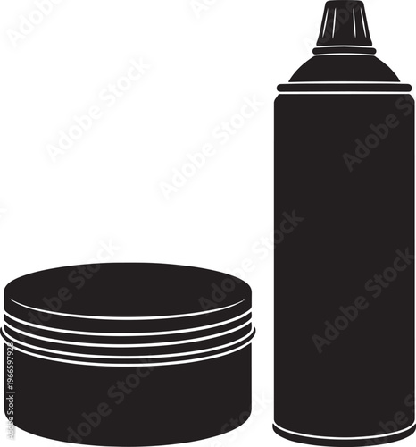 Hair styling products jar and spray can on transparent surface.