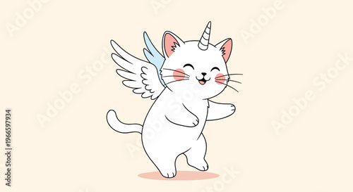 Imaginative illustration of a white cat character with a unicorn horn and blue angel wings dancing on a soft pink background.