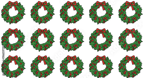 Set of fifteen identical green Christmas wreaths decorated with red berries and a large red bow arranged in a grid.