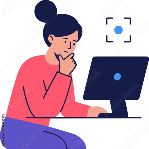 Woman sits at desk thinking in front of computer screen with graphic design elements