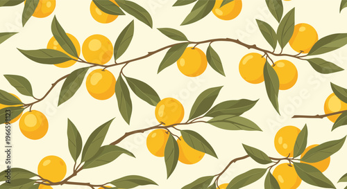 Beautiful seamless pattern of ripe orange fruits growing on thin brown branches with dark green leaves on a light background.