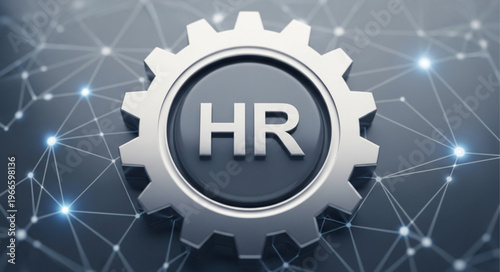 HR Gear - Human Resources Concept with Cogwheel and Network Background.