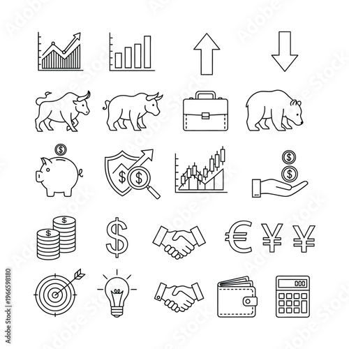 A comprehensive set of line icons representing various aspects of finance, business, and economic concepts, including market trends, currency, investment, and strategy.