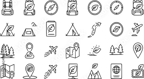Eco-travel vector illustration icons set adventure, nature exploration, and tourism journey symbols, backpack, compass, tent, airplane, map, trees, mountains, passport, and location pin elements.
