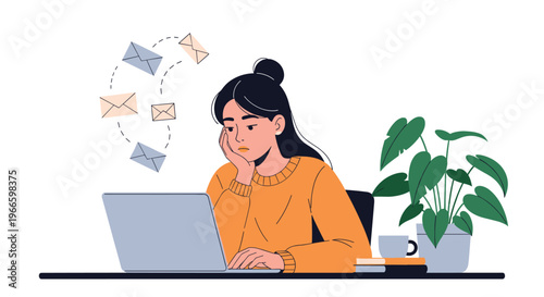 Young woman with black hair looks tired while working on her laptop with several incoming email envelopes floating above.