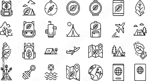 Collection of vector illustration set featuring outdoor adventure, compass, map, airplane, backpack, tent, and nature symbols perfect for web design and environmental projects.
