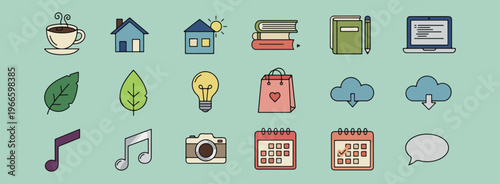 Minimal daily life, home office symbols, simple lifestyle icons, lightbulb idea graphic, shopping bag sketch, camera photography icon, calendar planning doodles

