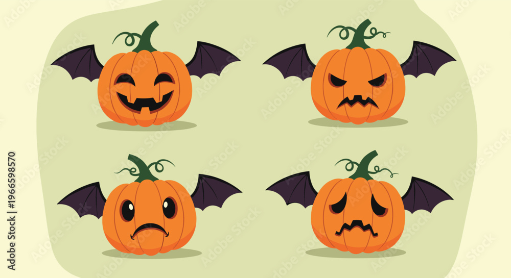 Fototapeta premium Four orange Halloween pumpkins with different carved facial expressions and purple bat wings on a light green background.