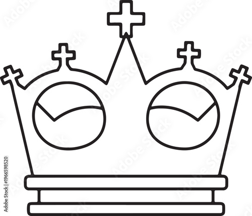 Line art imperial crown with cross symbols and circular decorative gems.