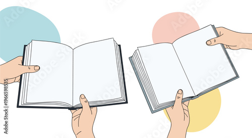 Set of hands holding two open blank books with empty white pages against a minimalist background with colorful circles.