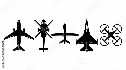 Aviation Silhouette Set – Airplane, Helicopter, Fighter Jet and Drone Vector Icons