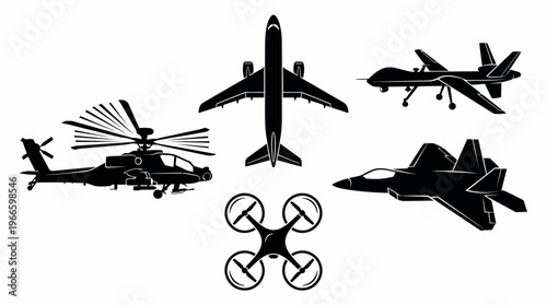 Aviation Silhouette Set – Airplane, Helicopter, Fighter Jet and Drone Vector Icons