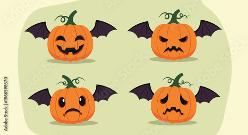 Four orange Halloween pumpkins with different carved facial expressions and purple bat wings on a light green background.