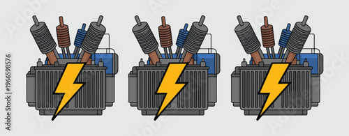 Three industrial electrical transformers with lightning bolt symbols on the front, vector illustration for power supply, electricity grid, energy infrastructure, and industrial engineering design 