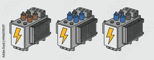 Electrical transformers vector illustration, three industrial units with lightning bolt symbols for power generation, electricity distribution, energy systems, and industrial infrastructure design 