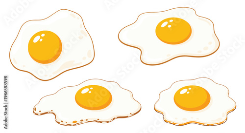 Four delicious sunny-side up fried eggs with bright yellow yolks and white edges isolated on a plain white background.