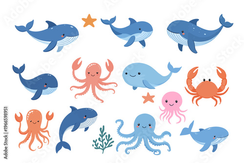 Cute Cartoon Sea Creatures Collection - Whales, Octopuses, Starfish, and Crabs