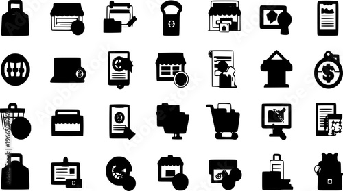 E-commerce shopping business vector icon digital retail store marketplace symbols payment, delivery, basket, and mobile transaction elements for web and app projects.
