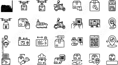 Logistics and Delivery vector line icons graphic collection illustrating modern shipping, transportation, and tracking processes, courier services, drone deliveries, express shipping, and global