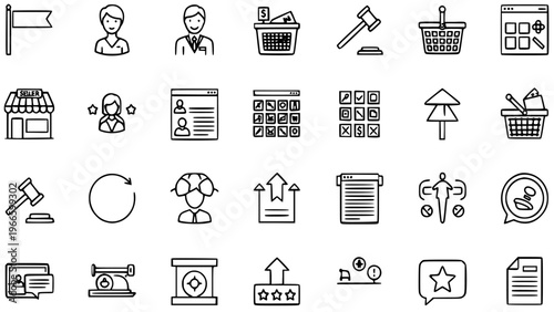 E-commerce vector icon set online business seller, buyer, product, store, auction, shopping, feedback, and growth concepts suitable for digital marketing design projects and web applications.
