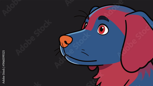 Cartoon dog in blue and red colors looks to the side with curious expression