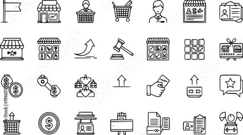 E-commerce Business Shopping Illustration Icon Set Symbols For Seller, Buyer, Product, Store, Growth, Auction, Payment, Delivery, Review, And Financial Transactions,  Websites Or Mobile Applications