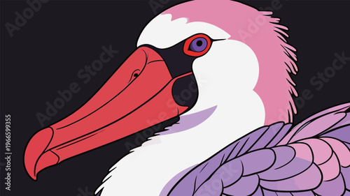 Colorful pelican illustration shown against a dark background with bright details and a unique art style in a creative setup