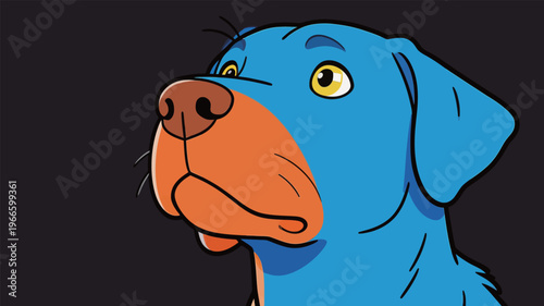 Dog with blue fur looks up with yellow eyes in animated style against a dark background