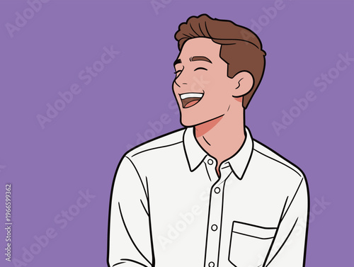 Cheerful man laughing and enjoying himself against a purple background in a simple setting