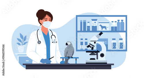 Female veterinarian in a white coat and mask examines a grey parrot in a modern blue-toned medical laboratory office.