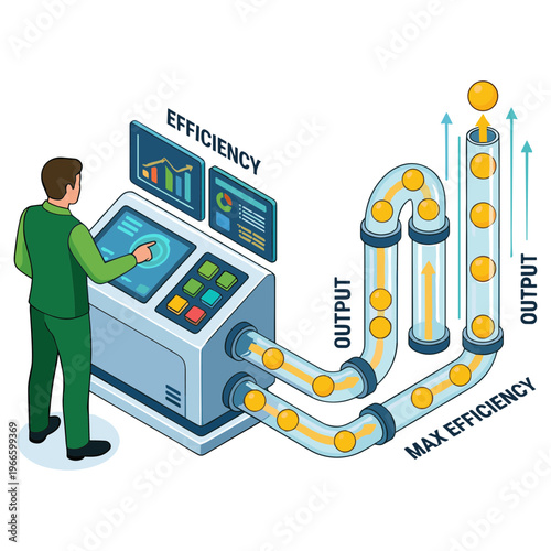 A man operates an industrial control panel with efficiency and output screens showing data, maximizing production in a factory.