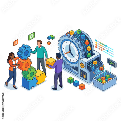 People working efficiently around a large clock and colorful industrial machine