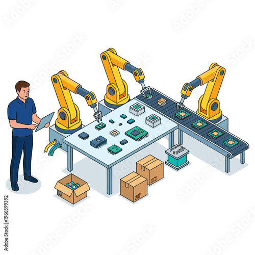 A man operates machinery on an assembly line with robotic arms in a factory.