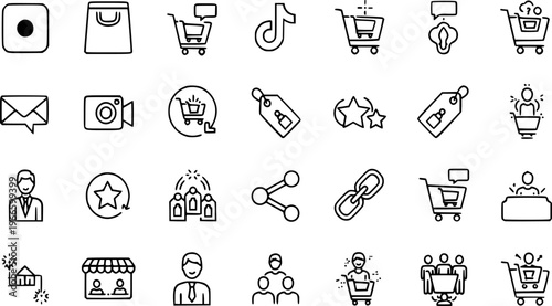 Collection of black line art vector icons representing essential e-commerce features including social media shopping links digital commerce actions customer engagement and online store management