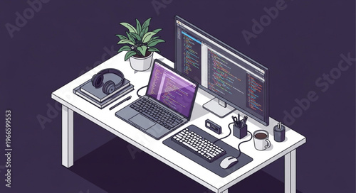 Isometric Workspace Setup with Laptop, Monitor, and Accessories.