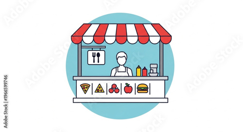 Illustration of a food stall with a vendor and various food icons.