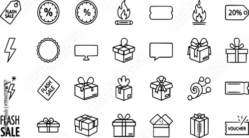 Outline Vector Icon Set Collection Representing E Commerce Promotion Elements Like Flash Sale Discounts Percentage Offers Gift Boxes Vouchers And Buy One Get One Concepts