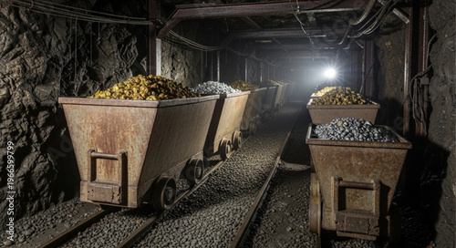 Mine Carts Filled with Gold Ore in Underground Tunnel.