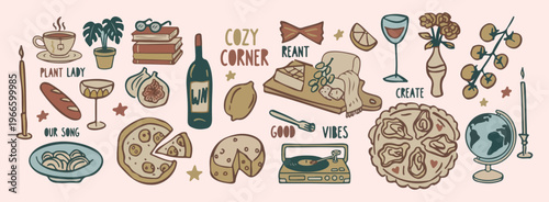 Cozy corner wine and snacks, Relaxing evening food and drink, Home charcuterie board graphics, Good vibes lifestyle illustrations, Wine bottle and cheese doodles, Comfortable indoor picnic elements, G