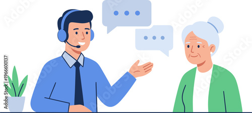 A man wearing a headset talks to a senior woman indoors at office