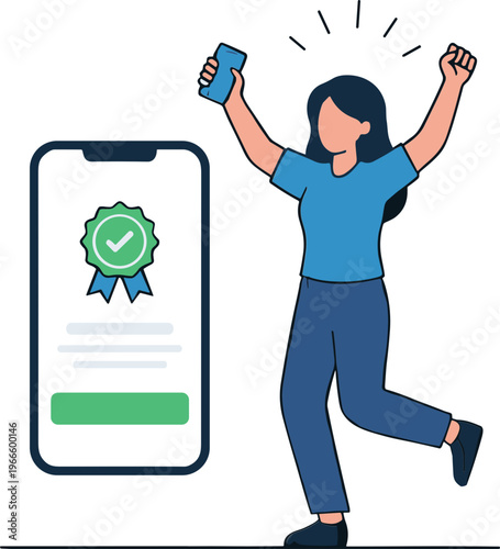 Woman celebrates with phone showing green checkmark on screen