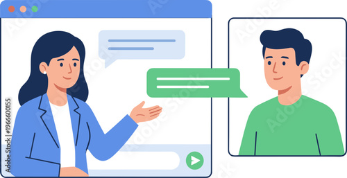 Woman communicates with man through chat on computer screen interface