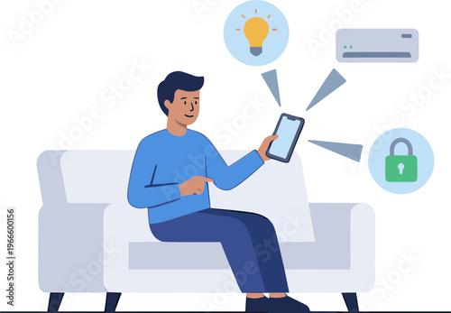 Man sitting on sofa controlling smart home devices with tablet