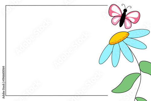 Horizontal frame. Flower and butterfly. Spring, summer. Isolated on  white background. Cartoon vector design.