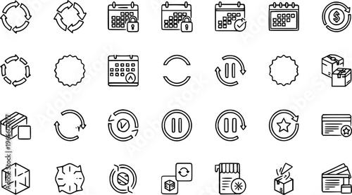 Subscription auto-renew delivery and calendar vector illustration graphic design. Modern thin line payment icons set for mobile app website interface. Recurring billing services, pause and skip option