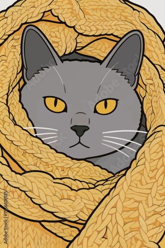 Cat wrapped in a yellow scarf sitting quietly indoors with bright eyes looking at viewer