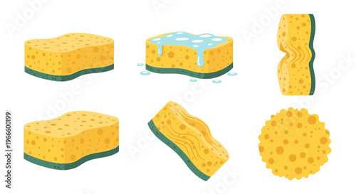A set of colorful yellow kitchen sponges in various shapes and orientations on a white background