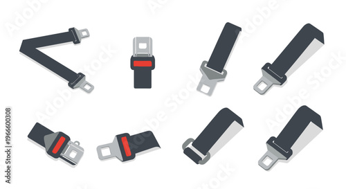 A set of black seatbelt buckles and straps in various positions on a white background
