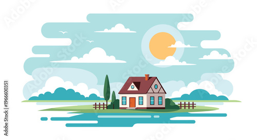 Peaceful suburban landscape featuring a modern small house with a red roof on a green lawn under a bright sun and blue sky.